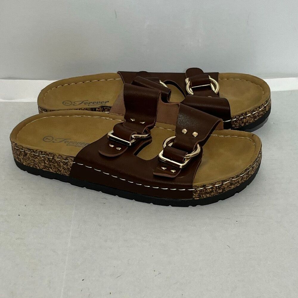 Forever Comfort Women's Brown‎ Dual-Strap Cork Flat Slip-On Sandals Size 7